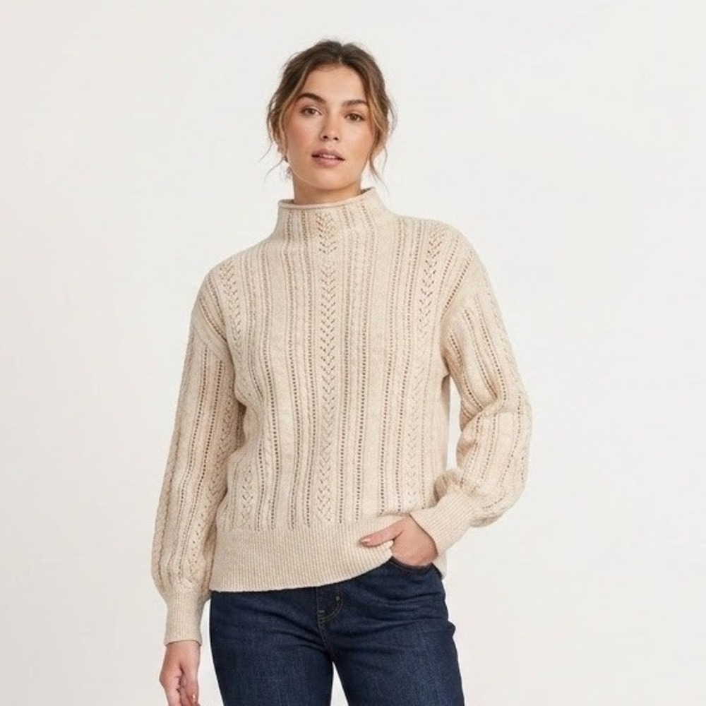 Liz Claiborne Pointelle Puff Sleeve Mock Neck Sweater Oatmeal Heather Large L